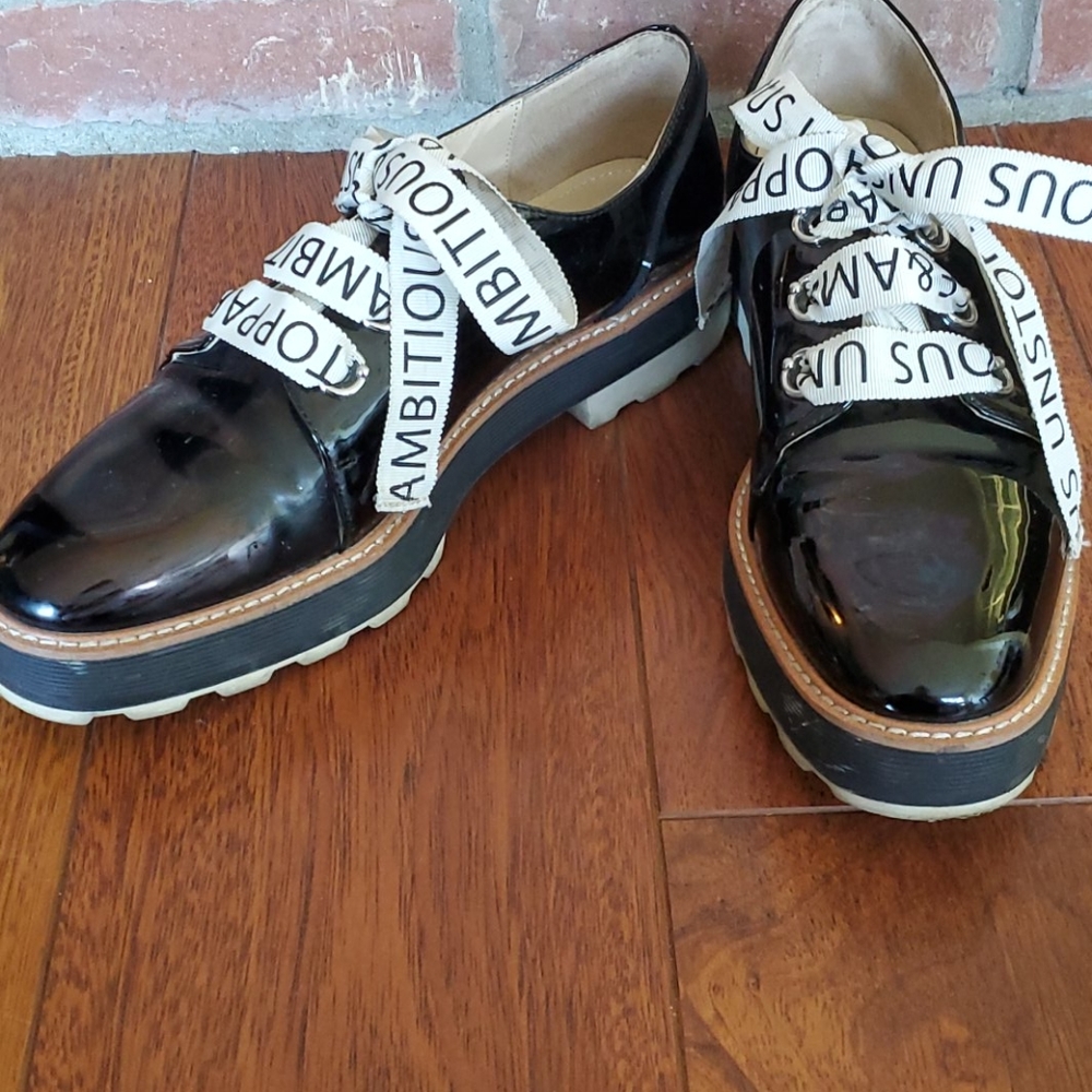 Zara black patent platform Oxfords with ribbon